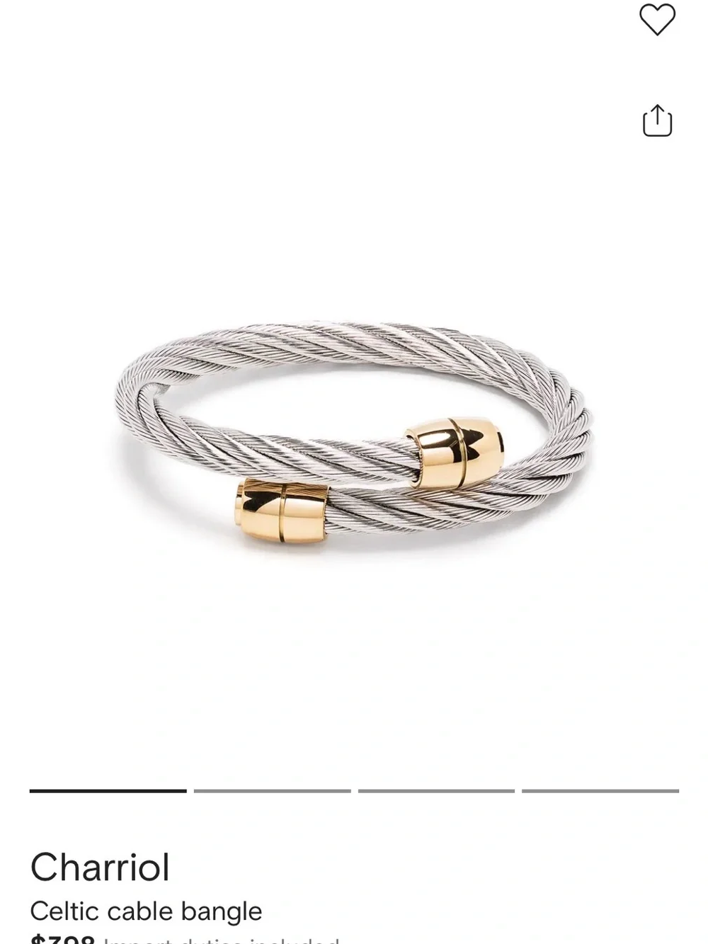 Charriol Celtic Two-Tone Cable Cuff Bracelet - Silver Cable with Gold End Caps